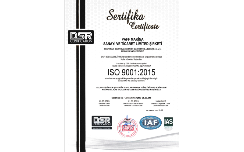 ISO 9001:2015 Kalite belgelendirme süreçlerimizi tamamladık.